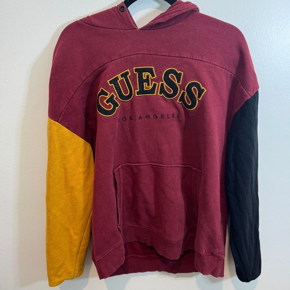 Vintage‎ Guess Originals Los Angeles Colorblock Hoodie Maroon Yellow Black Large